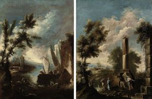 A Wooded Landscape With Figures Amongst Ruins (+ A Coastal Landscape With Figures By A Boat; Pair) by Antonio Francesco Peruzzini
