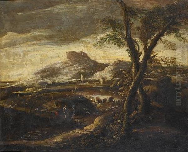 Fishermen In An Open Landscape, With Mountains In The Distance - view 1