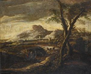 Fishermen In An Open Landscape, With Mountains In The Distance by Antonio Francesco Peruzzini