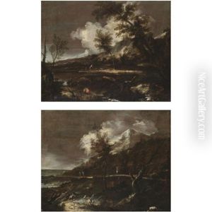 A Coastal Landscape With Fisherman Wrestling Against Stormy Seas (+another; Pair) by Antonio Francesco Peruzzini