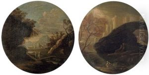 A Mountainous River Landscape With Figures Conversing By A Stream (+ A Mountainous River Landscape With A Fisherman By A Stream; Pair) by Antonio Francesco Peruzzini