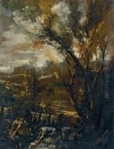 Paesaggio Fluviale Con Lavandaie by Antonio Francesco Peruzzini