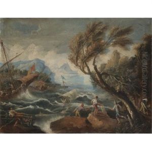 A Tempest With Shipping Being Wrecked Off The Coast (+ A Coastal Scene With Merchants Unloading Their Wares On The Quay; Pair) by Antonio Francesco Peruzzini