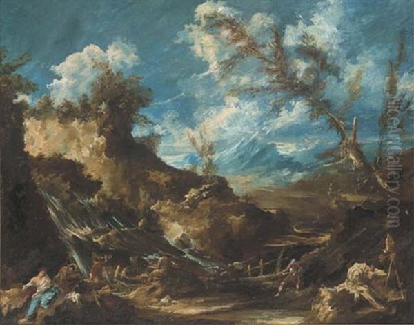 An Italianate River Landscape With Figures On A River Bank - view 1