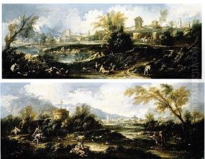 A Capriccio Landscape With A Tower, Pilgrims And Other Figures, A Town Beyond (+ A Capriccio River Landscape, Figures In The Foreground, And A Town With An Arch Beyond; Pair)