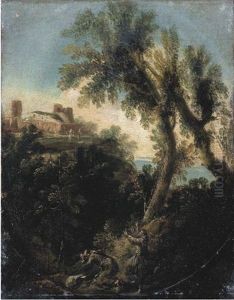Paesaggio Con Due Frati In Preghiera E Borgo In Lontananza by Antonio Francesco Peruzzini