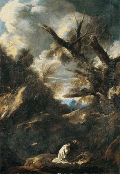 A Wooded Landscape With A Capuchin Monk Adoring The Cross by Antonio Francesco Peruzzini