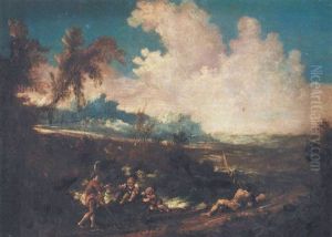A River Landscape With Four Figuress Beside A Road by Antonio Francesco Peruzzini