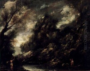 A Wooded River Landscape With Fishermen A Wooded River Landscape With Fishermen