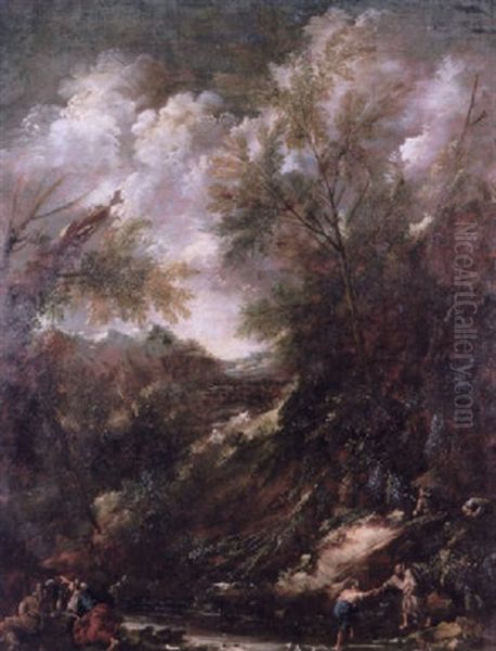 A Friar Assisting A Woman To Cross A Stream Running Through A Wooded Landscape - view 1