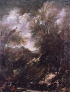 A Friar Assisting A Woman To Cross A Stream Running Through A Wooded Landscape