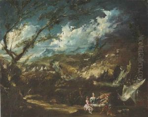A River Landscape With Elegant Company by Giovanni (Giambattista) Peruzzini