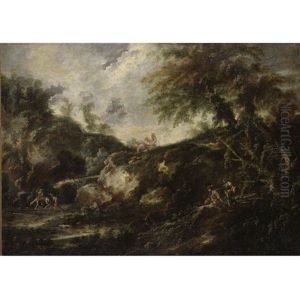 Figures In A Wooded Landscape by Giovanni (Giambattista) Peruzzini