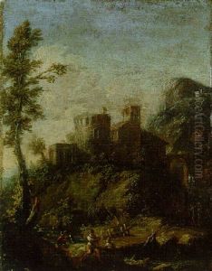 A Mountain River Landscape With A Tower And Buildings, And Peasants By A Bridge