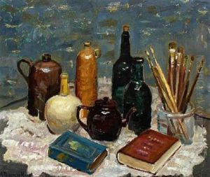 Still Life With Brushes, Bottles And Books by Matthias M. Peschcke-Koedt