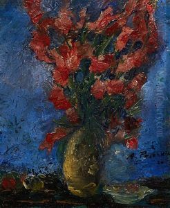 Blumenstillleben Vor Blauem Hintergrund by Anton Emanuel Peschka