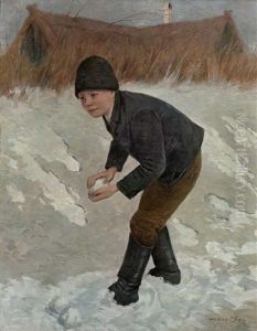 Knabe Formt Schneeballe, Im Hintergrund Reetgedeckte Kate