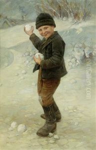 Junge Im Winter Beim Schneeballschiessen by Geza Peske