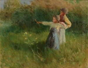 Zwei Kinder Auf Sommerwiese Uben Mit Der Steinschleuder by Geza Peske
