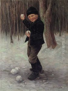 Knabe Mit Schneeballen In Winterlicher Waldlandschaft