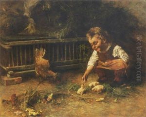 Csibekkel Jatszo Kislany (girl Playing With Chicken) by Geza Peske