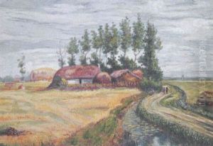 Paysage Aux Chaumieres Et Au Ruisseau by Jean Misceslas Peske