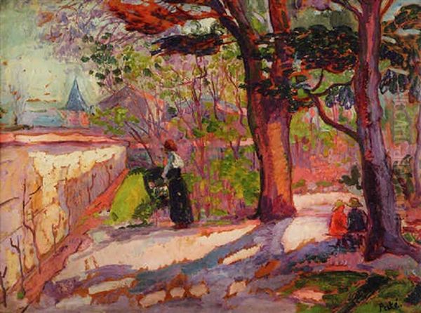 Femme Et Ses Enfants Dans Le Parc D'une Propriete - view 1
