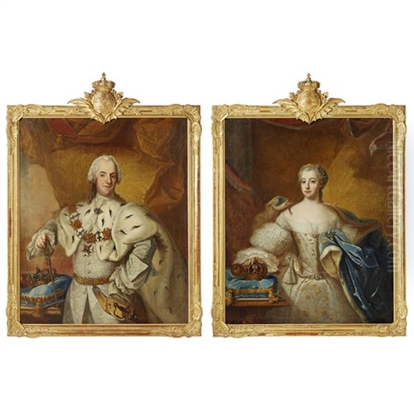 Portratt Av Adolf Fredrik, Kung Av Sverige, Hertig Av Holstein-gottorp (1710-1771), Ikladd Hermelinbramad Mantel Och Barandes Serafimerordens Ordenstecken Och Kedja, Och Av Drottning Lovisa Ulrika (1720-1782) Ikladd Broderad Klanning Med Hermelinbramad Bl - view 1