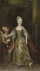 Portrait Of A Lady, Probably Archduchess Maria Anna Of Austria, In A Gold-and-jewel-embroidered Dress, With A Fleur-de-lys Cape, A Figure Of Cupid And A Small Dog Beside
