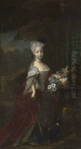 Portrait Of A Girl, Probably Empress Maria Theresa Of Austria, In A Silver Dress And Red Velvet Robe, With A Dog And A Monkey