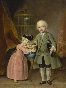 Portrait Of Two Children Standing In An Interior, With A Dog And Parrot Portrait Of Two Children Standing In An Interior, With A Dog And Parrot