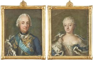 Portratt Forestallande Kung Adolf Fredrik Ikladd Broderad Jacka Barandes Serafimerordens Bla Band Och Hans Gemal Drottning Lovisa Ulrika Ikladd Broderad Klanning Med Hermelinbramad Mantel I Bla Sammet