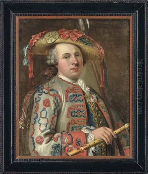 Portrait Of A Musician, In A Grey Coat With Blue And Red Embroidered Tassels, Wearing A Straw Hat With Red And Blue Ribbons, A Flute In His Right Hand - view 1