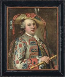 Portrait Of A Musician, In A Grey Coat With Blue And Red Embroidered Tassels, Wearing A Straw Hat With Red And Blue Ribbons, A Flute In His Right Hand