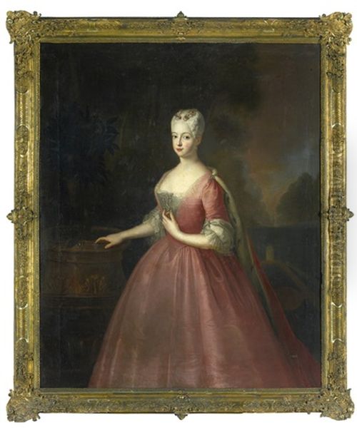 Portrait Of Friederike Luise, Margravine Of Ansbach (1714 - 1784), Three-quarter Length, Wearing A Pink Dress And Standing In A Walled Garden - view 1