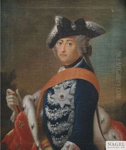 Portrait Friedrichs Des Grosen Im Blauen Rock Mit Dem Schwarzen Adler Orden, Marschallstab Und Hermelinmantel
