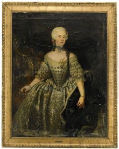 Portratt Forestallande Drottning Lovisa Ulrika (1720-1782) Ikladd Robe De Cour Av Broderat Och Spetsprytt Silvertyg, Hermelinbramad Morkbla Mantel