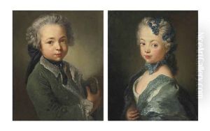 Portrait Of The Artist's Grandson, Bust-length, In A Fur-lined Green Coat, Holding A Tricorne (+ Portrait Of The Artist's Granddaughter, Bust-length, In A White Dress With A Blue Mantle, A Blue Ribbon And A Flowered Headdress; Pair) by Antoine Pesne