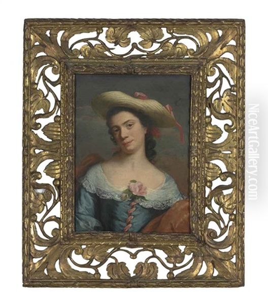 Portrait Of A Lady, Bust-length, In A Blue Dress With Lace Trim, A Rust Wrap And A Hat With Red Ribbon - view 1