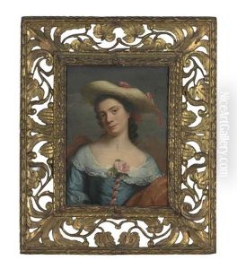 Portrait Of A Lady, Bust-length, In A Blue Dress With Lace Trim, A Rust Wrap And A Hat With Red Ribbon