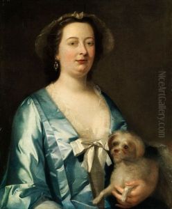Portraitbildnis Einer Dame In Blauem Seidenkleid Mit Schosshundchen Portraitbildnis Einer Dame In Blauem Seidenkleid Mit Schosshundchen