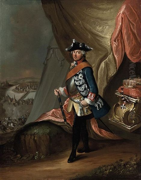 Portrait Of Frederick Ii Of Prussia In Military Uniform, A Baton In His Right Hand, Standing In A Landscape, A Battle Beyond - view 1