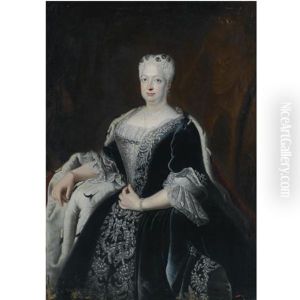 Portrait Of Queen Sophie Dorothea Of Prussia, Wearing A Blue And Silver Embroidered Dress And A Red Ermine Coat by Antoine Pesne