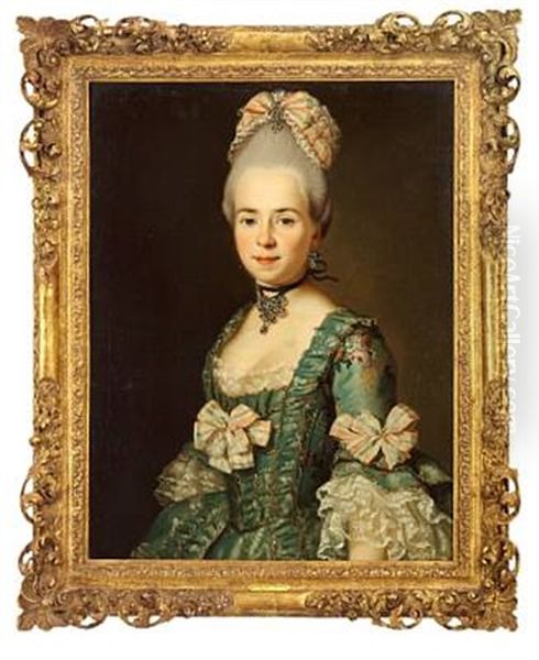 Elegant Lady In A Blue Brocade Dress Decorated With Flowers, Sleeves With Lace - view 1