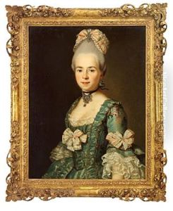 Elegant Lady In A Blue Brocade Dress Decorated With Flowers, Sleeves With Lace