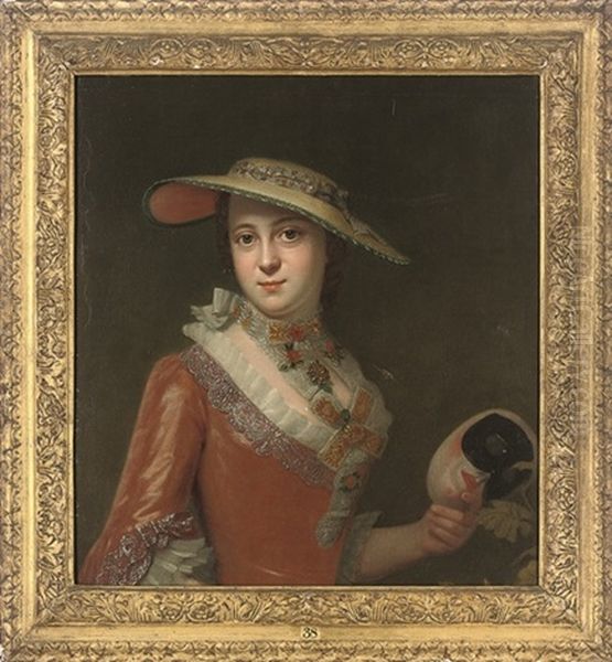 Portrait Of A Lady, Half-length, In A Red Embroidered Dress, And A Straw Hat, A Mask In Her Left Hand - view 1