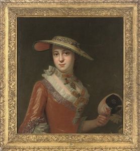Portrait Of A Lady, Half-length, In A Red Embroidered Dress, And A Straw Hat, A Mask In Her Left Hand