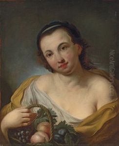 A Lady With A Basket Of Peaches, Plums And Grapes