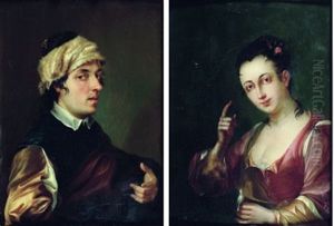 Portrait D'homme Au Turban De Fourrure (+ Portrait De Femme Au Serin; Pair) by Antoine Pesne