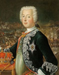 Bildnis Friedrich Des Grosen Mit Dem Schwarzen Adlerorden Uber Dem Kurass, Links Auf Dem Kissen Die Preusische Konigskrone Und Szepter
